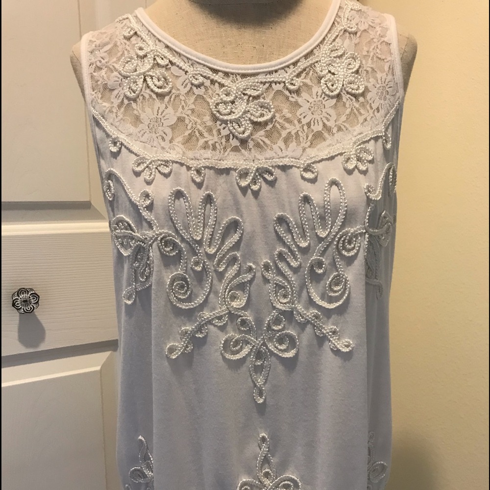 White Lace and Embroidered Sleeveless Top